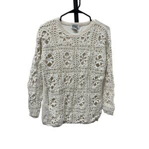 Vintage All Points Crochet Knit Crew Neck Sweater Sz L White Cotton